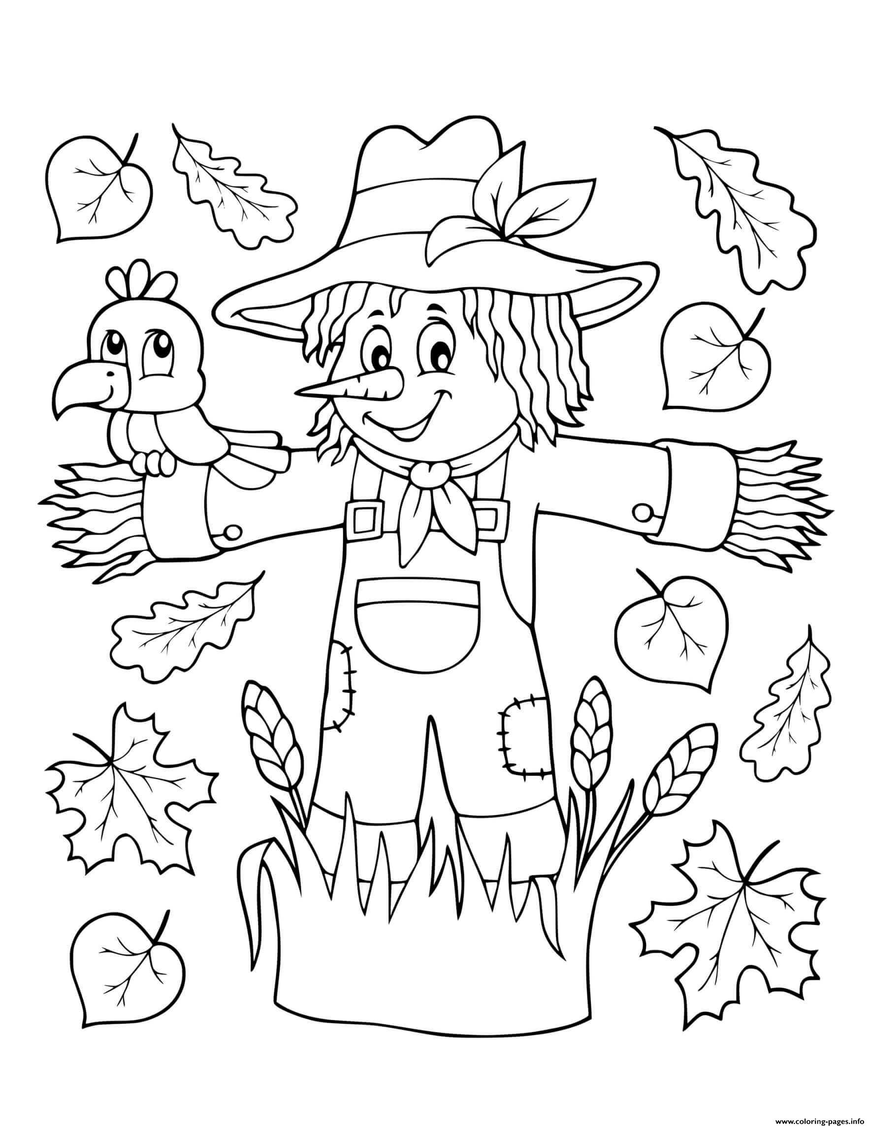 Fall Scarecrow Falling Leaves Coloring page Printable