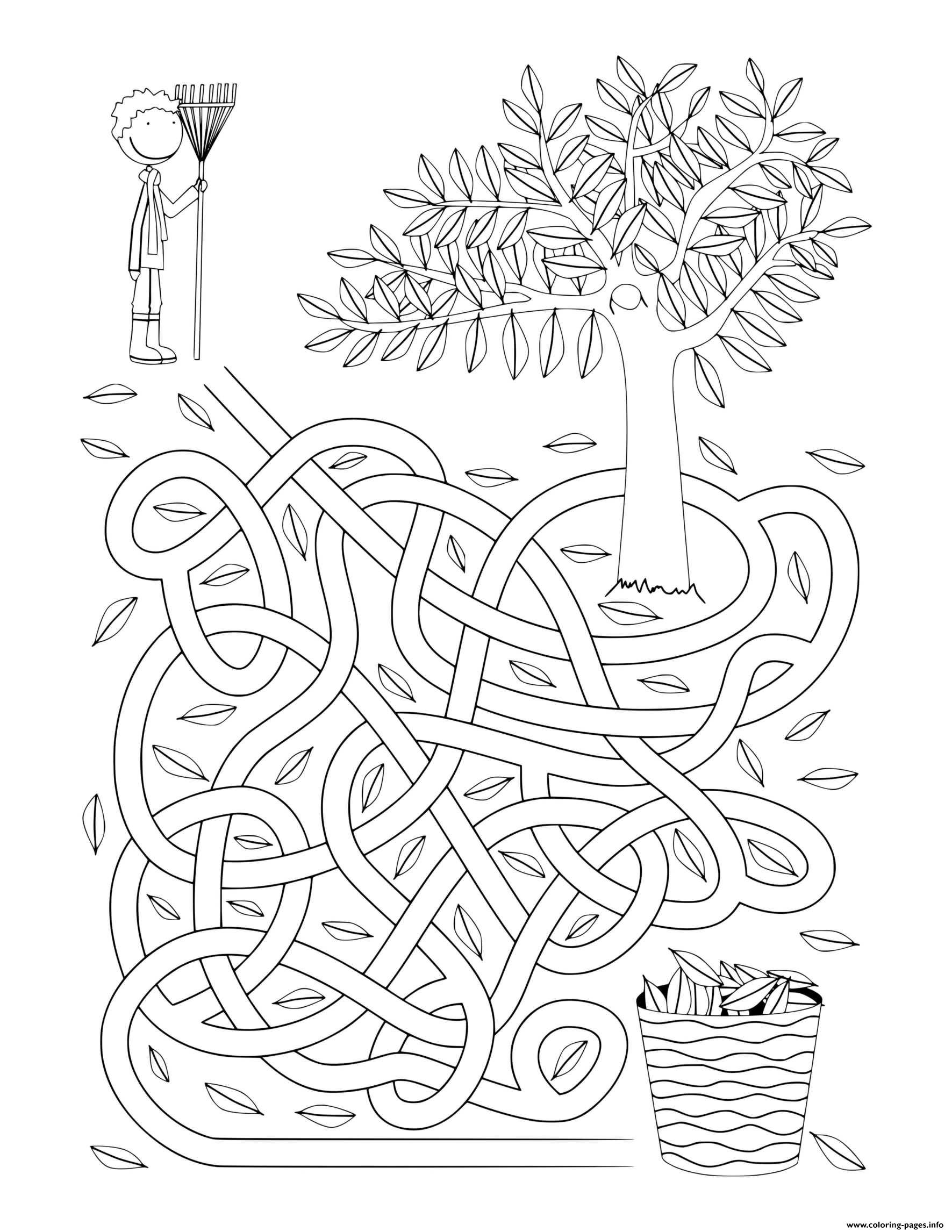 Fall Rake Leaves Maze Activity Sheet Coloring page Printable