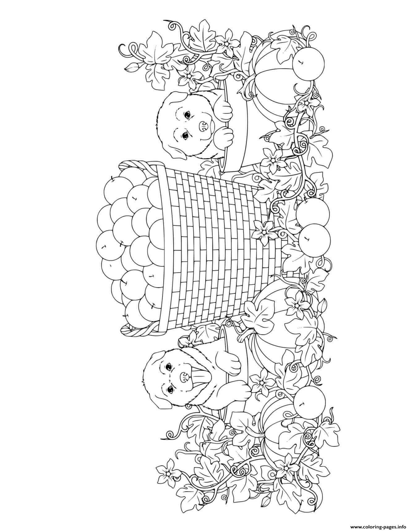 Fall Cute Dogs Apple Pumpkin Harvest Coloring Pages Printable