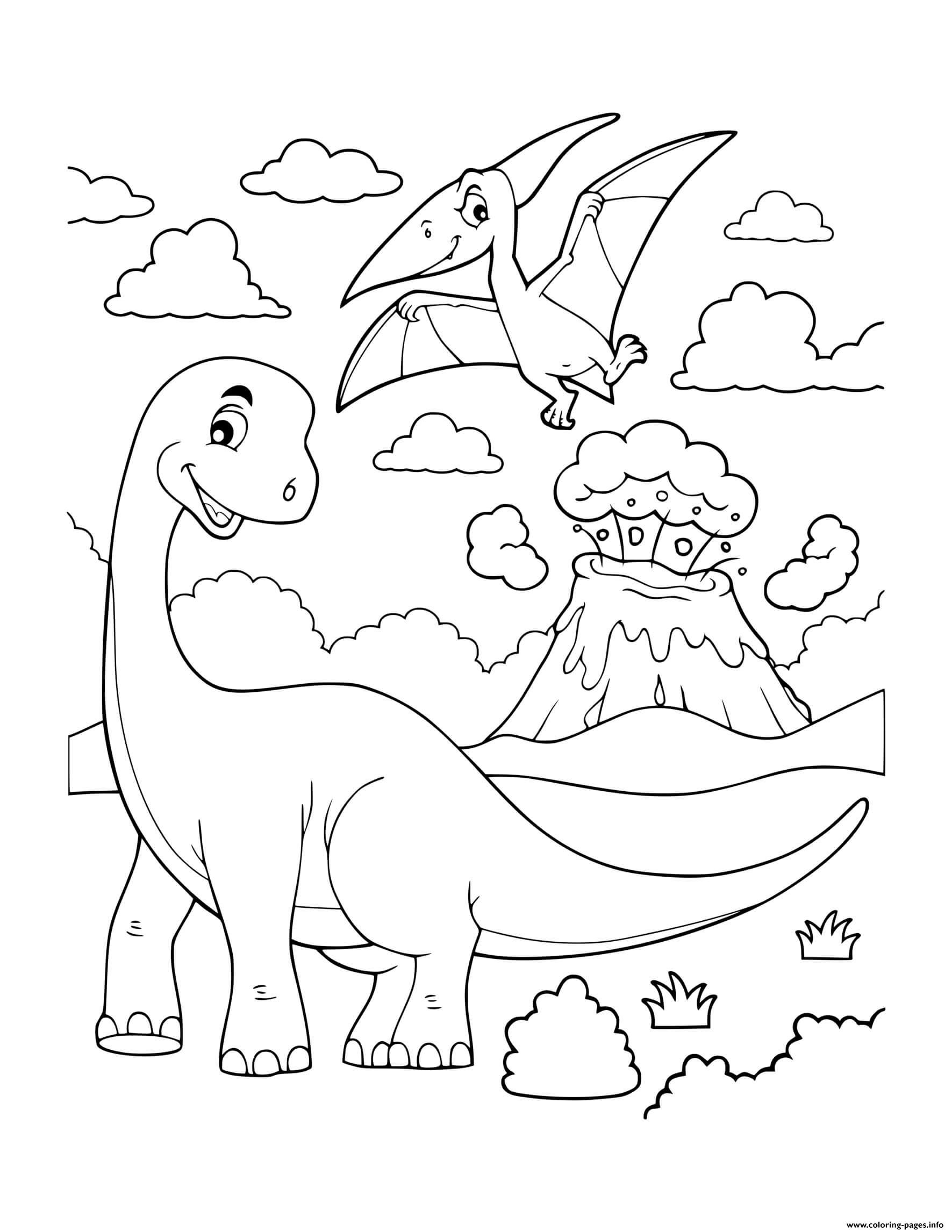 Dinosaur Cartoon Brachiosaurus With Flying Dinosaur Volcano coloring