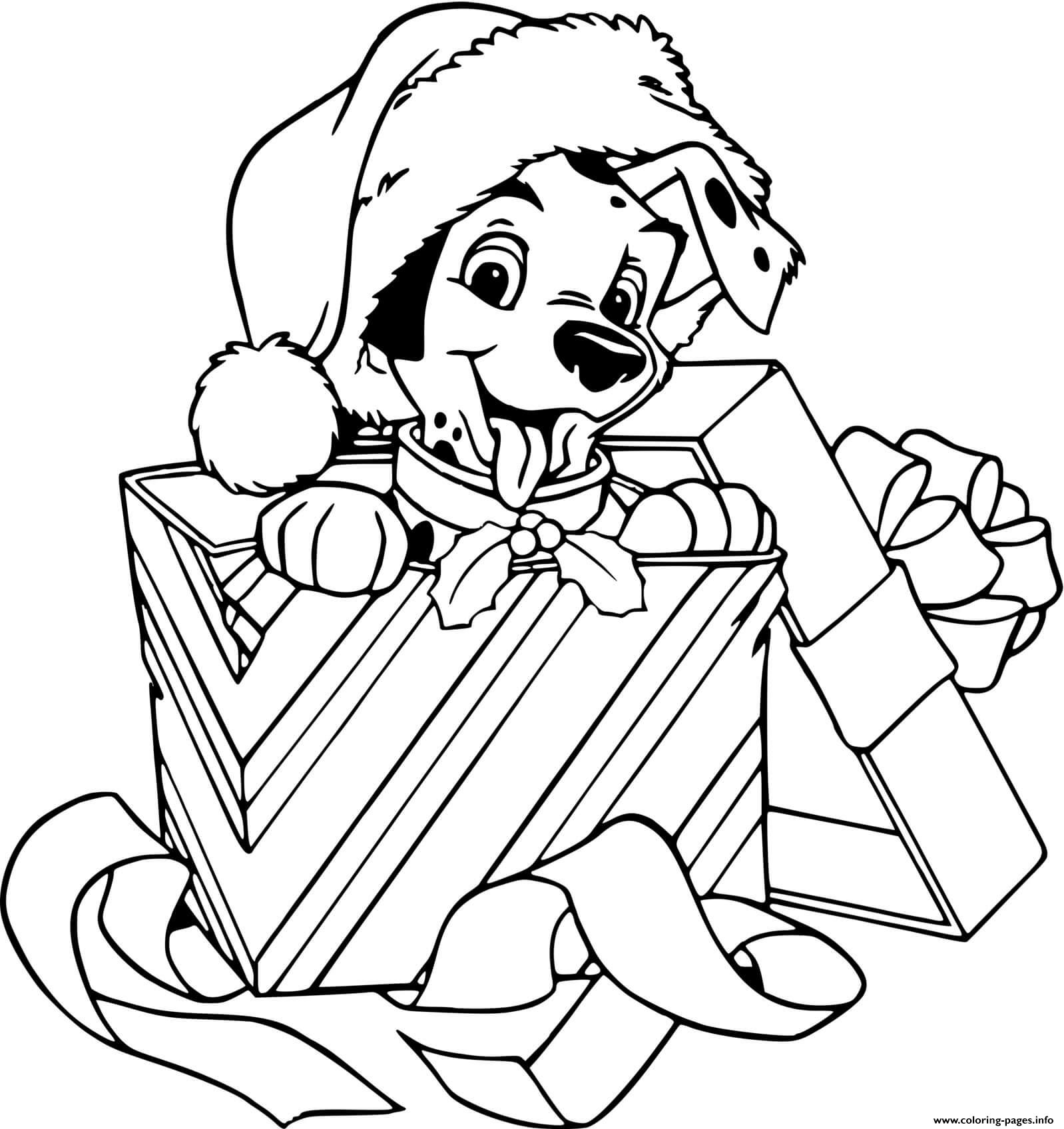 Puppy Wearing Santa Hat In Gift Box Coloring Page Printable