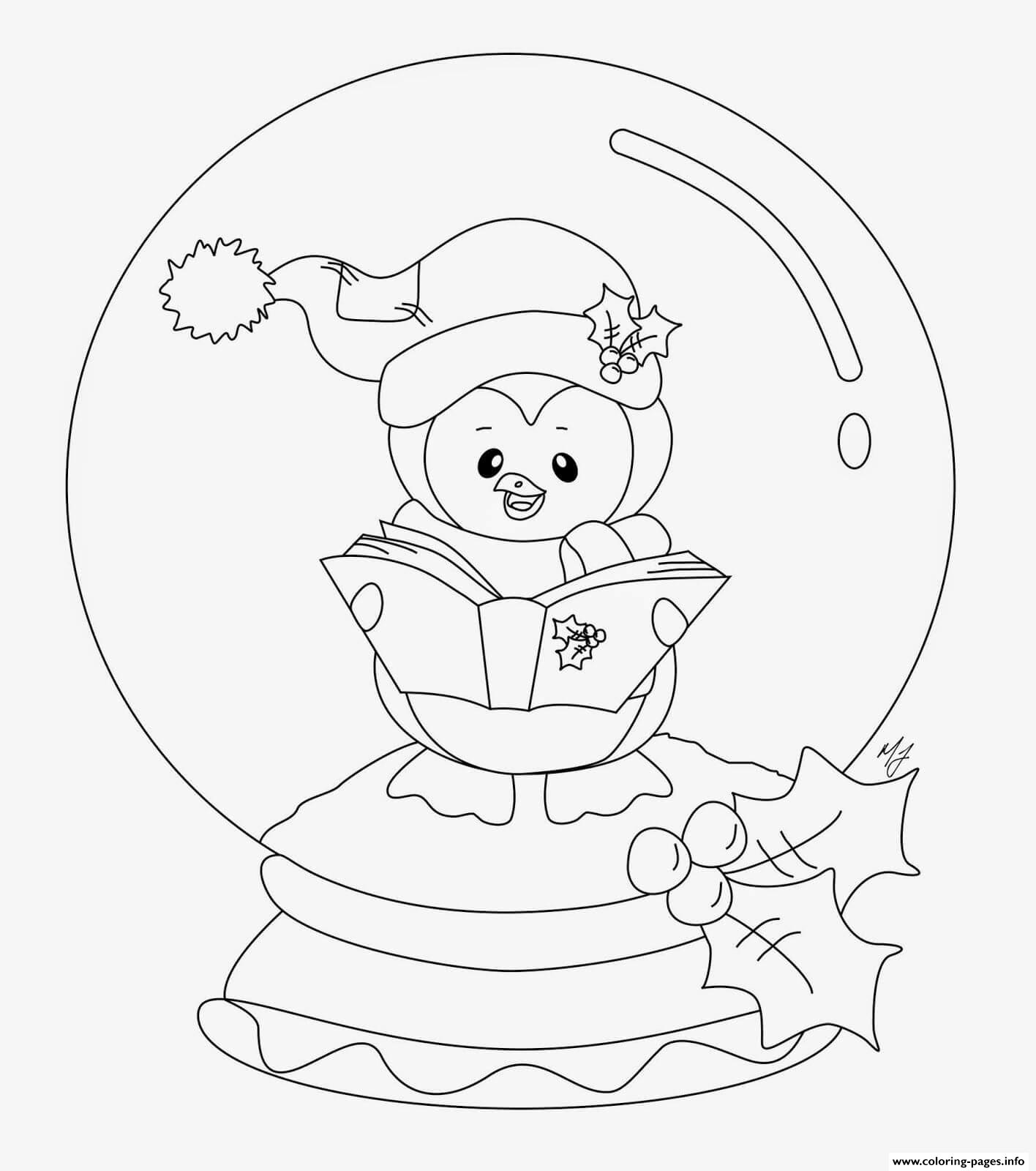 Penguin Reading Book Christmas Snow Globe coloring