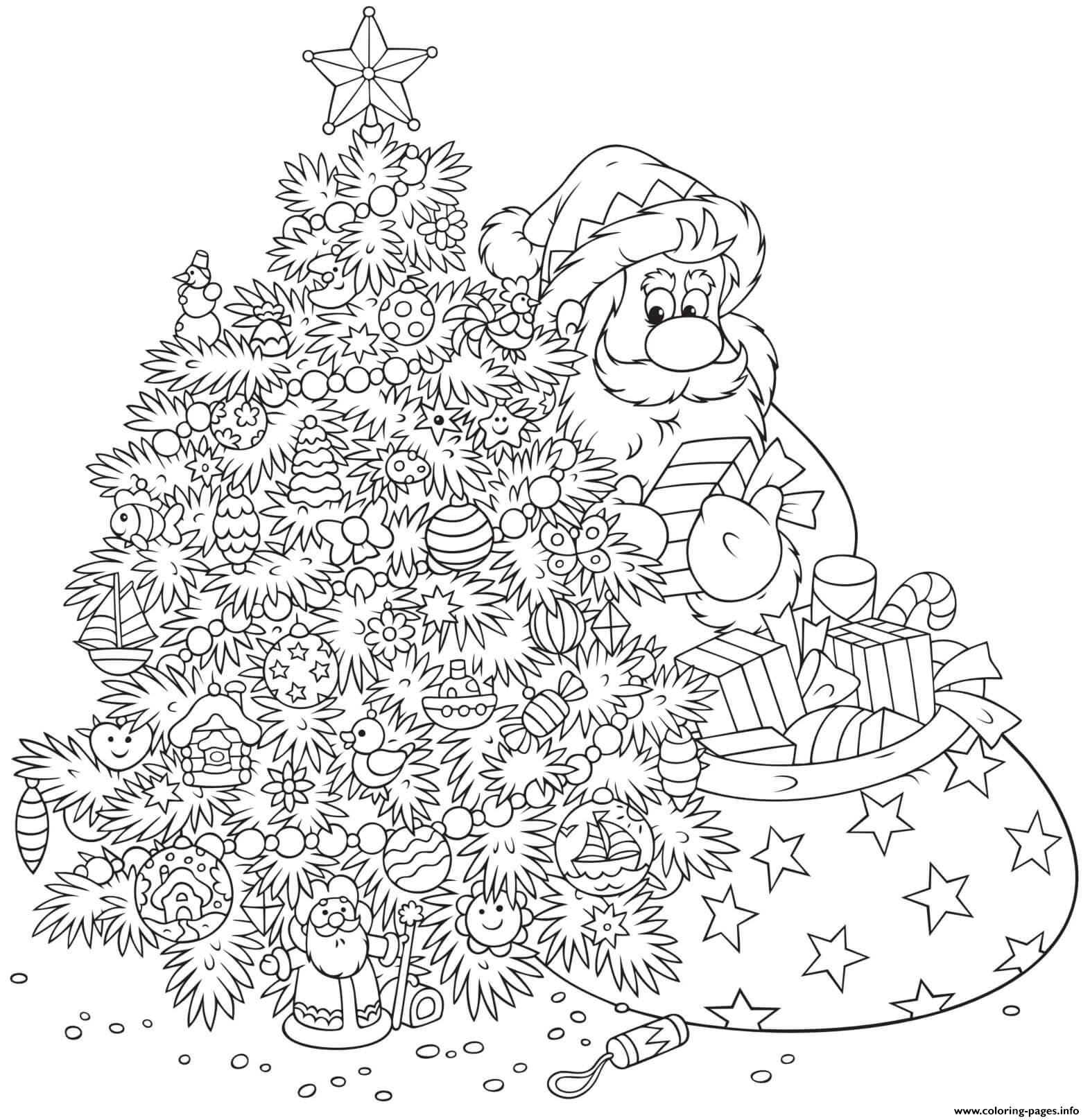 Christmas For Adults Decorated Tree Santa Delivering Gifts coloring