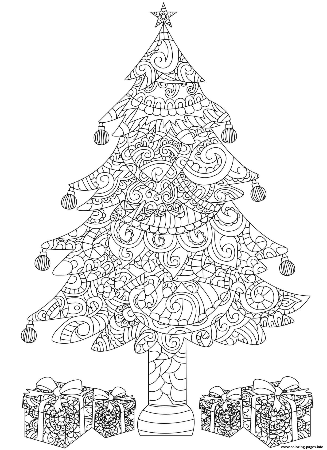 Christmas For Adults Decorated Tree With Wrapped Gifts Intricate Doodle coloring