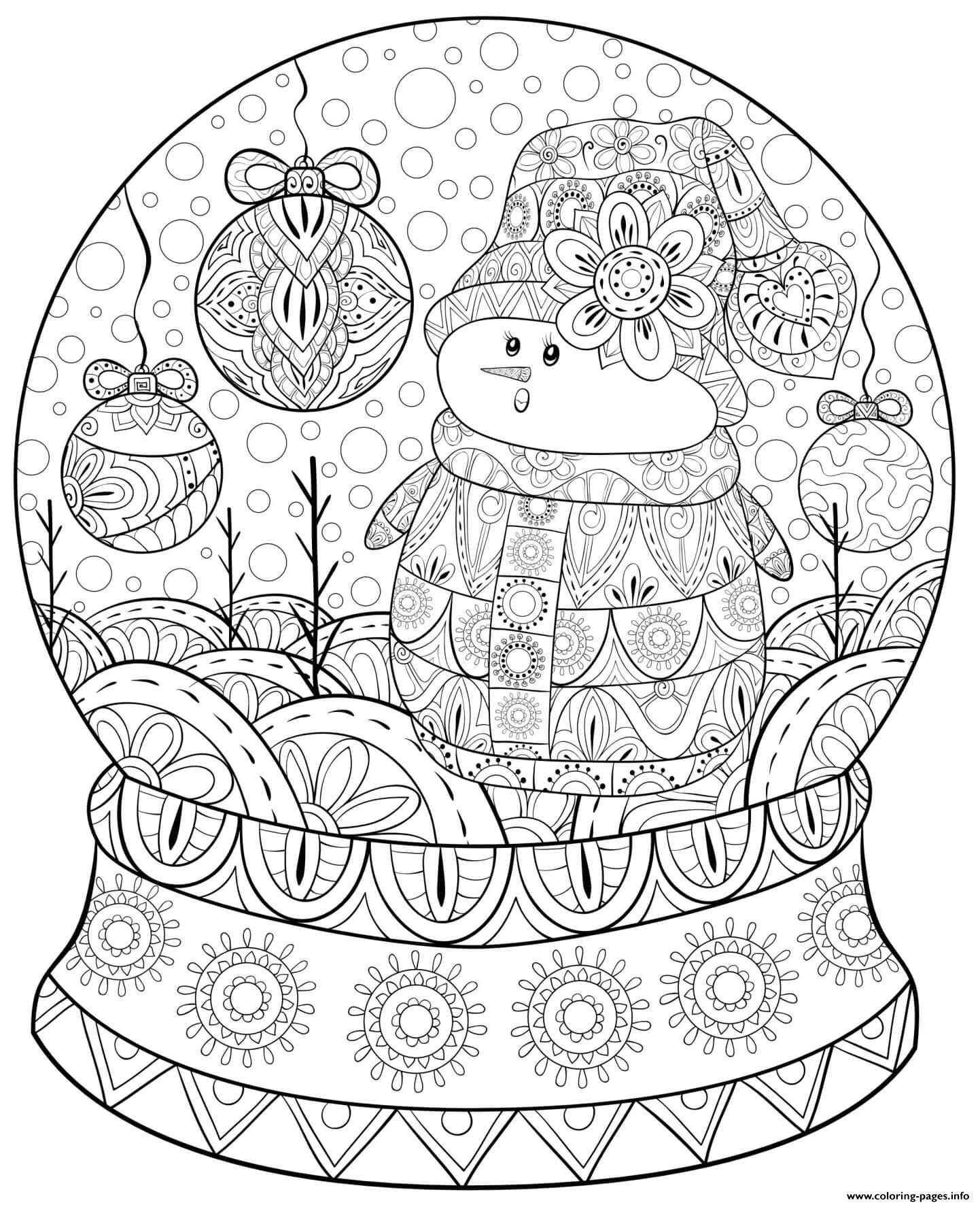 Christmas For Adults Patterned Snowglobe Snowman Coloring Page Printable