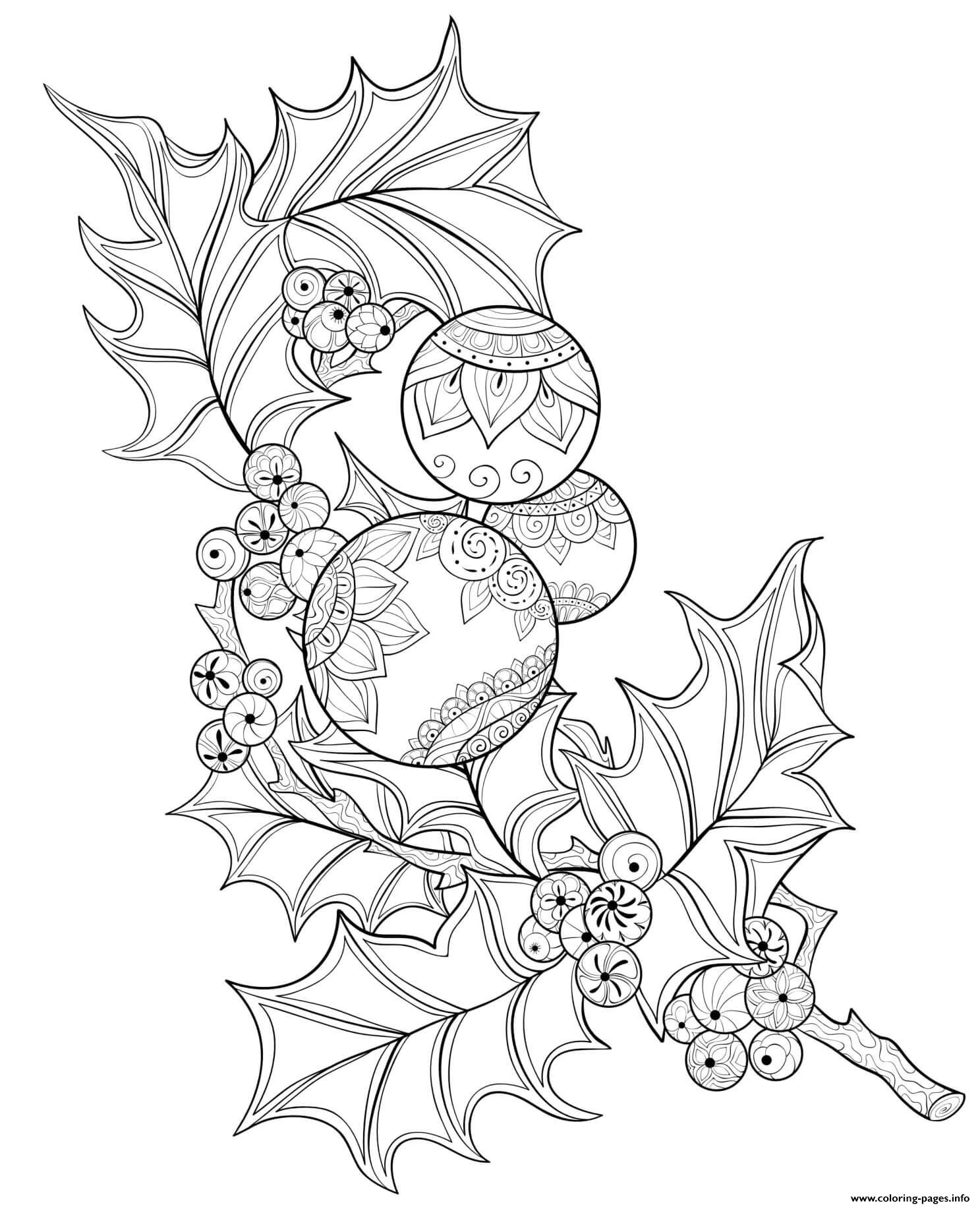 Christmas For Adults Holly Branch Baubles Coloring Page Printable