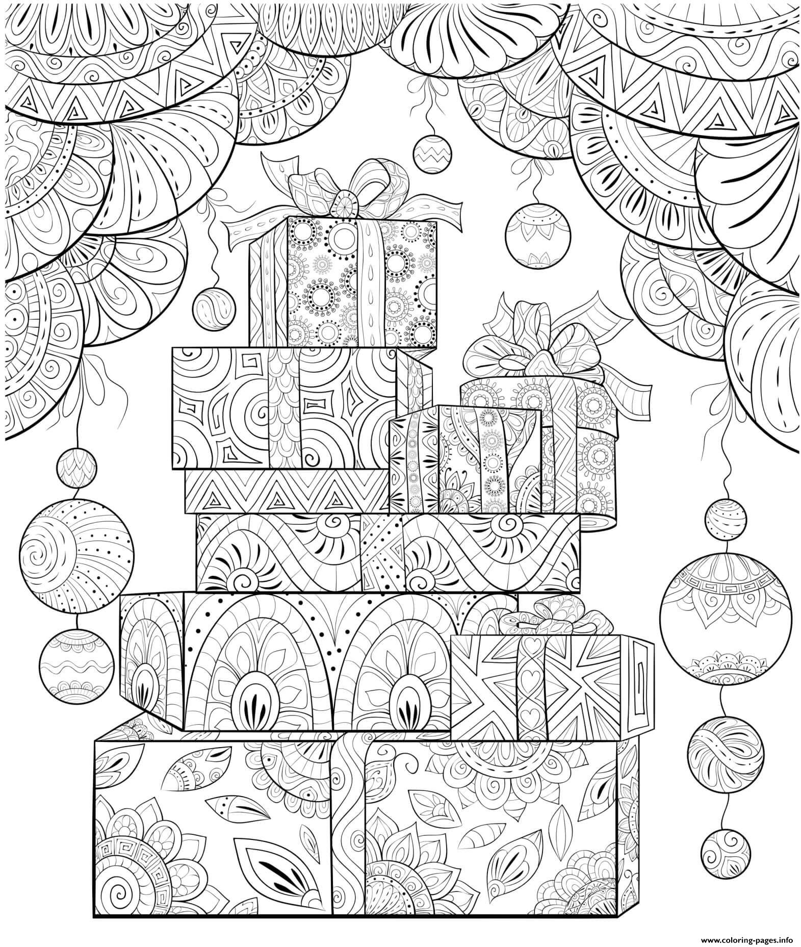 Christmas For Adults Presents Baubles Intricate Pattern coloring pages