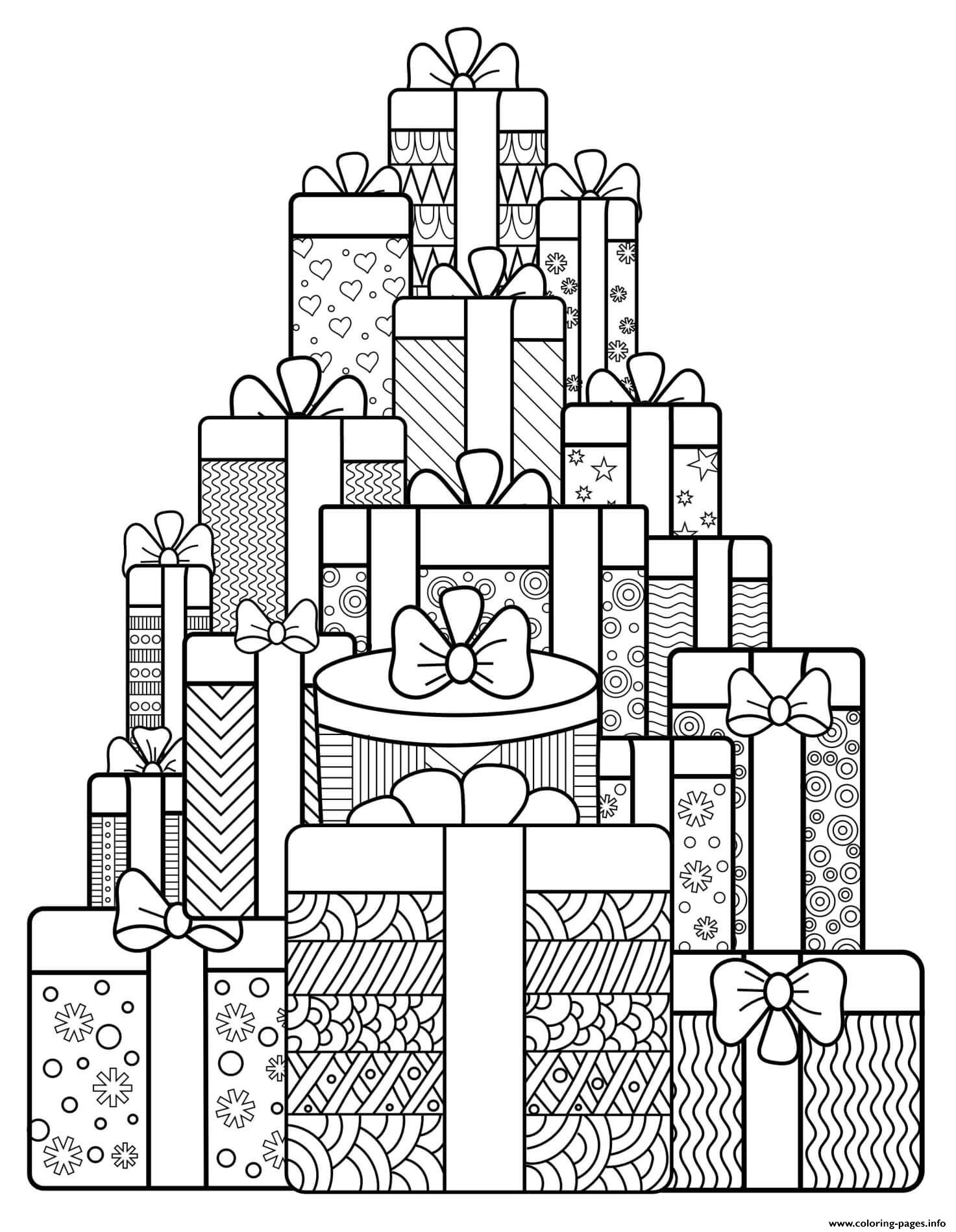 Christmas For Adults Stack Of Gifts Intricate Patterns coloring