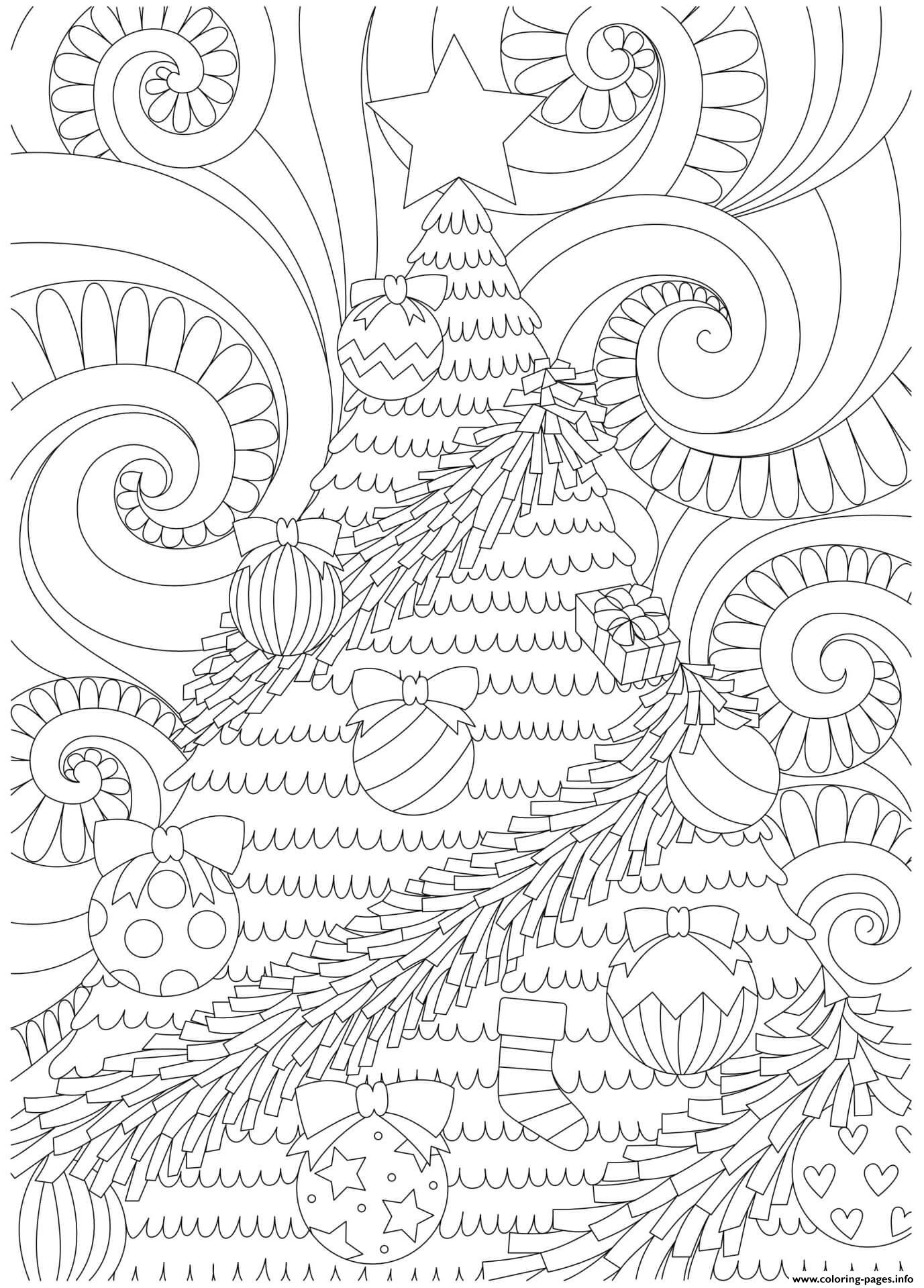 Christmas For Adults Decorated Tree Swirly Background coloring