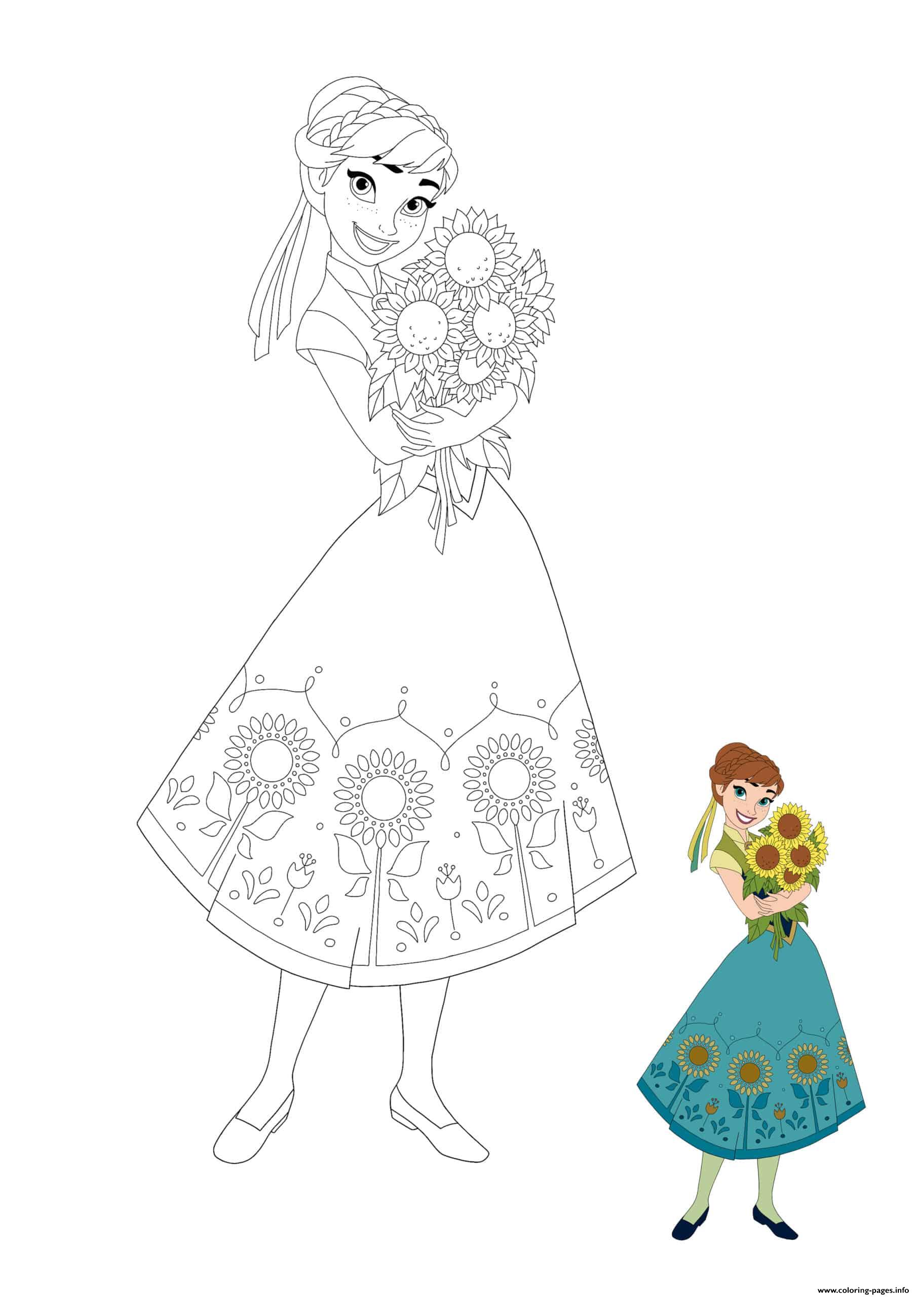 Princess Anna With Sunflowers Coloring Pages Printable