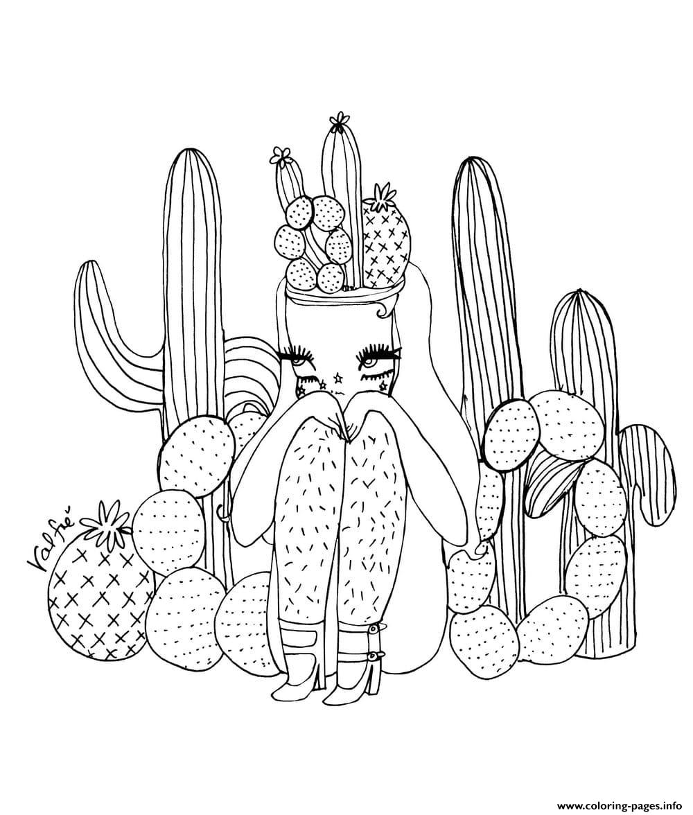 Cactus Girl Aesthetic Coloring page Printable