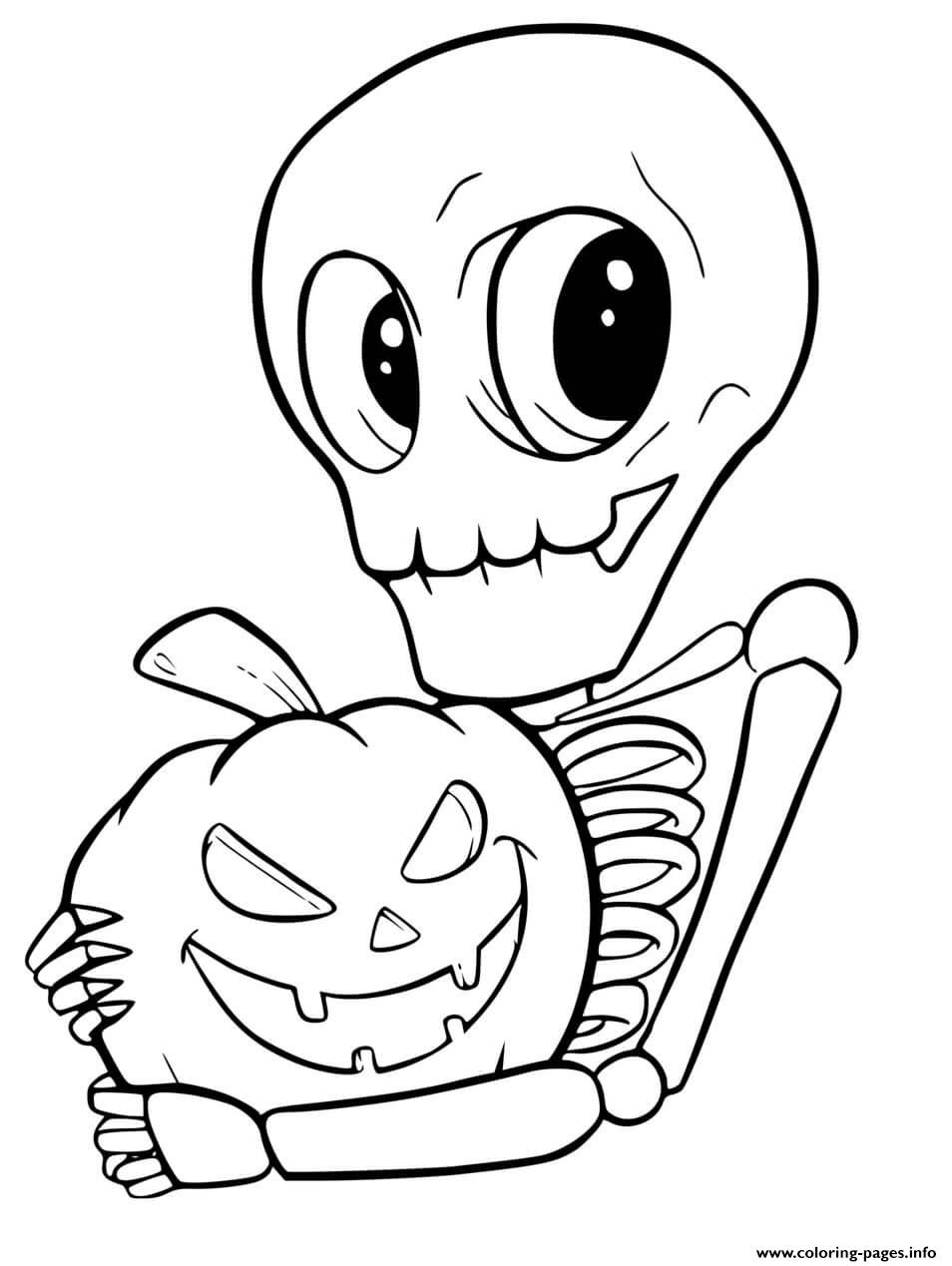 Cute Skeleton And Pumpkin For Halloween coloring