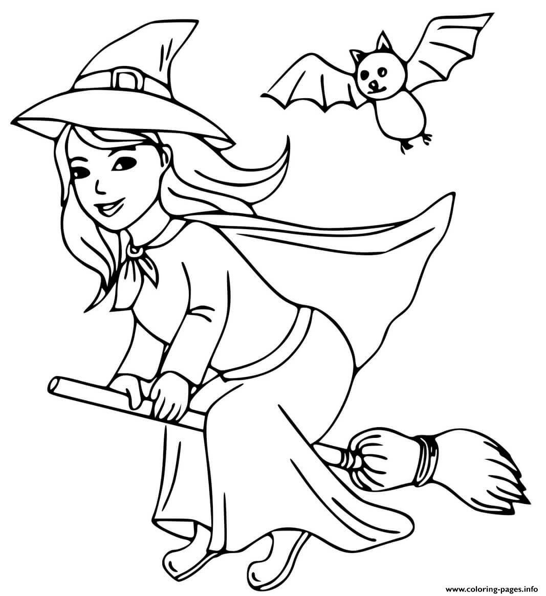 Beautiful Witch Bat Halloween Coloring page Printable
