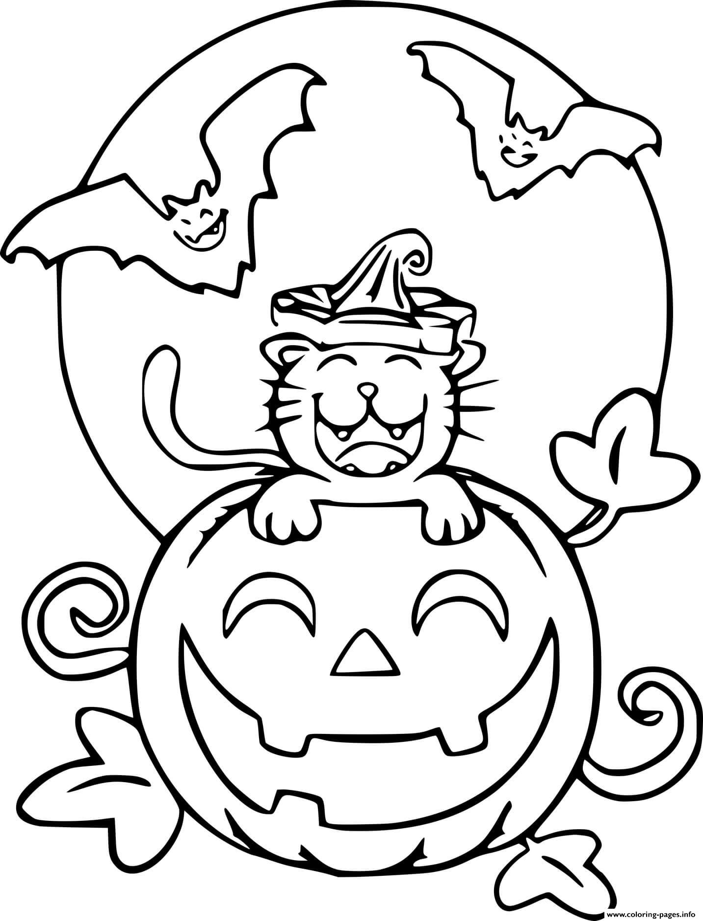 Happy Jack O Lantern And Cat With Bats coloring