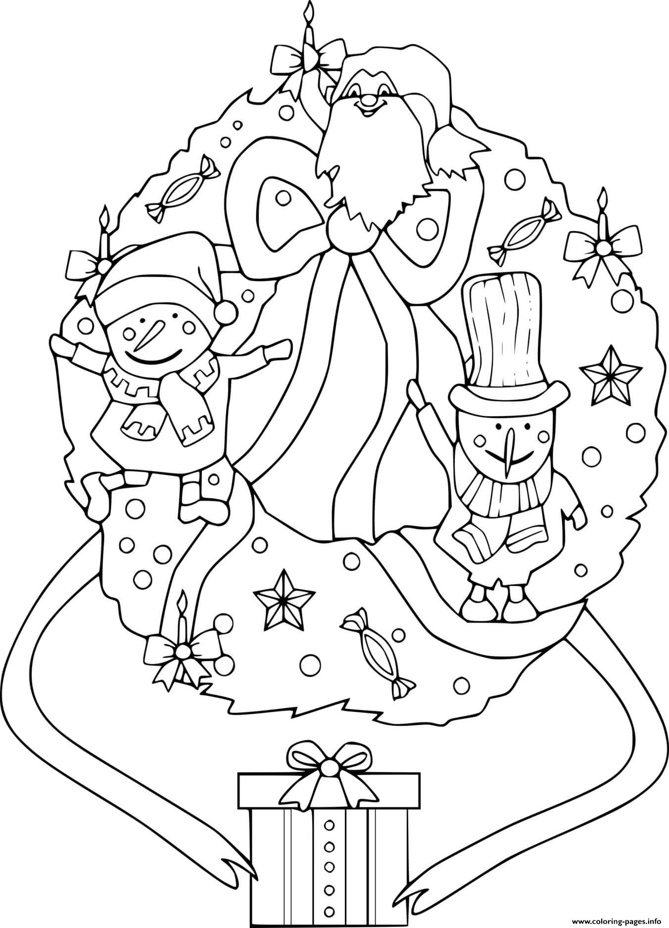 Christmas Wreath With Snowmen coloring