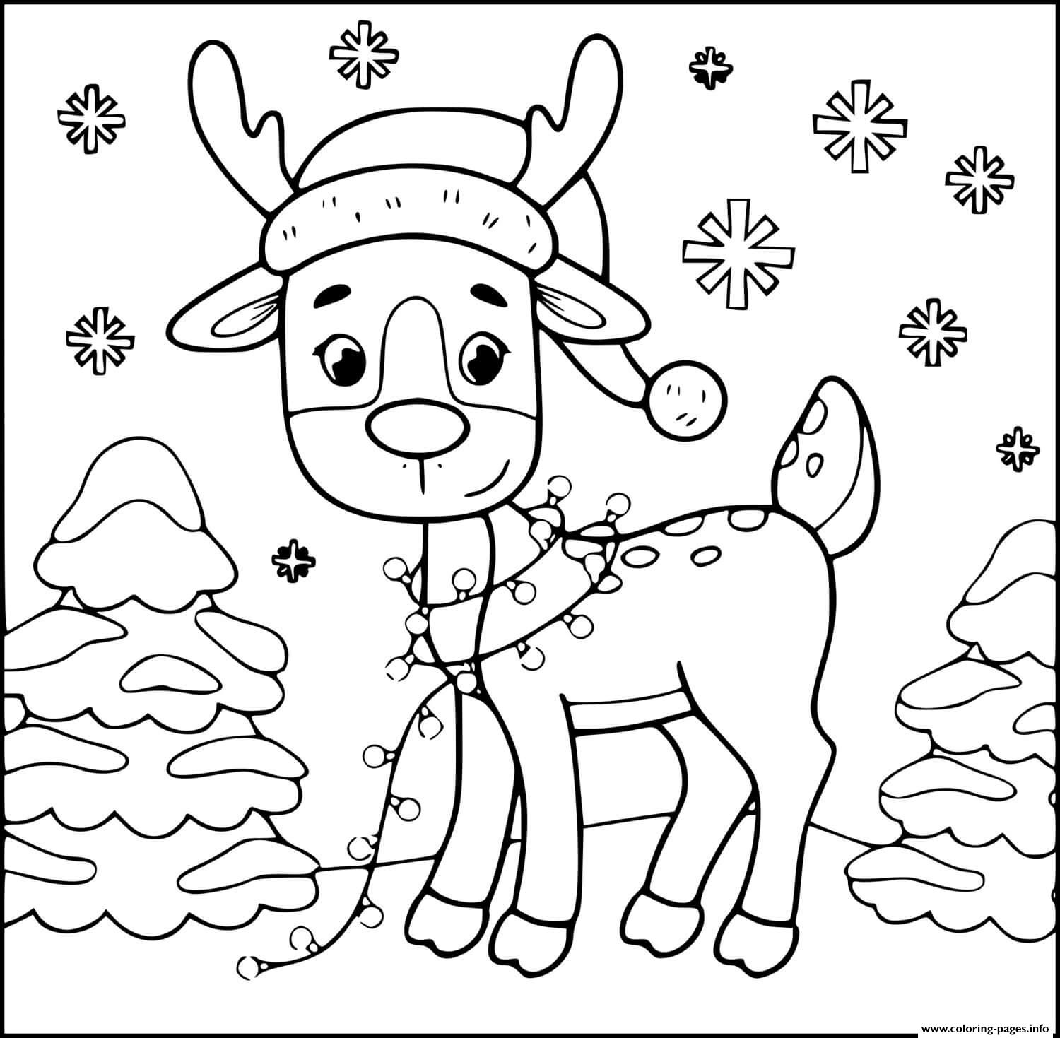 Cute Reindeer Lights Christmas Tree Snowflakes By SuperColoring coloring