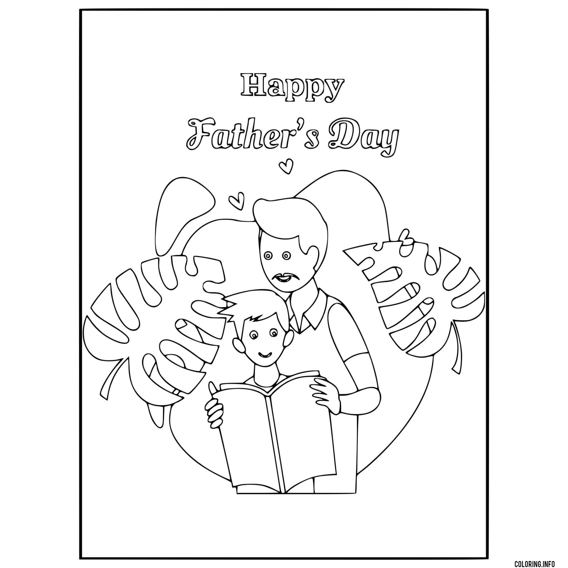 Father Day Dad And His Kid Reading A Book Coloring page Printable