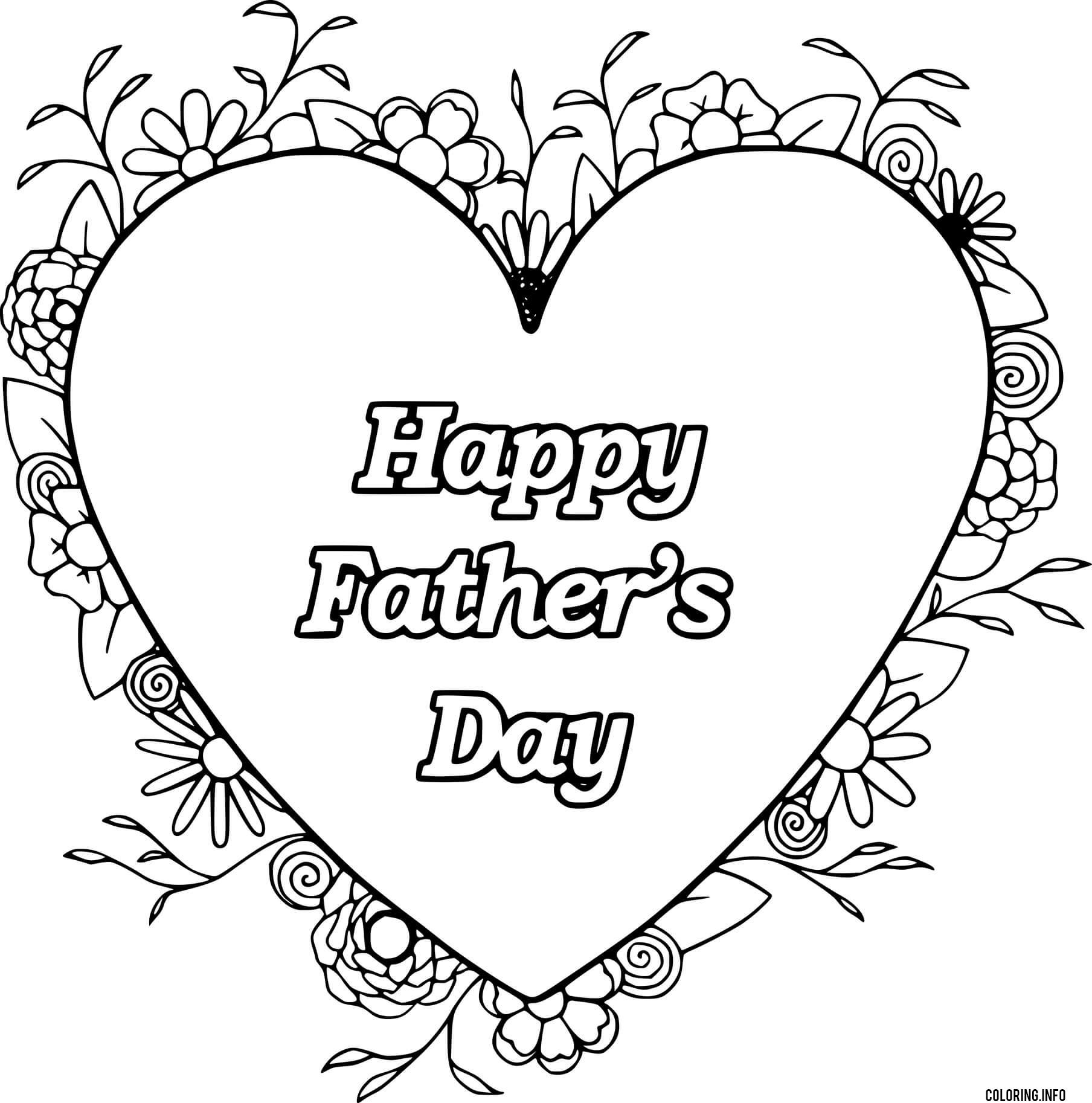 Happy Fathers Day With Heart And Flowers coloring