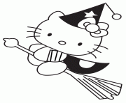 Printable hello kitty halloween witch on broom coloring pages