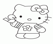 Printable cartoon hello kitty holding bird coloring pages
