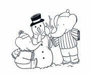 Printable babar making snowman free cartoon s0993 coloring pages