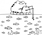 Printable Pusheen fishing with dad coloring pages