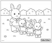 Printable calico critters playing with kids in the yard coloring pages