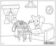 Printable calico critters reading a book with coffee coloring pages