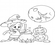 cute little witch cooking a potion in a cauldron halloween