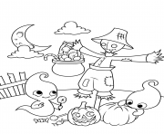 Printable scene with a scarecrow and cute ghosts halloween coloring pages