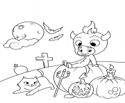 Printable cute little devil with a cat and pumpkins halloween coloring pages