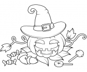 Printable jack o lantern in a witch hat with candies halloween coloring pages
