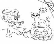 Printable cute kid in a costume with a cat and jack o lantern halloween coloring pages