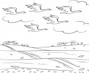 Printable birds fly south in autumn fall coloring pages