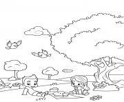 Printable boy and girl on a picnic coloring pages