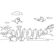 Printable birds fly over the garden coloring pages