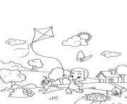 Printable boy with a dog flying a kite coloring pages