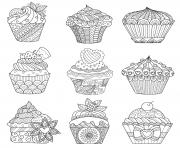 Printable nine assorted cupcakes original for adult coloring pages