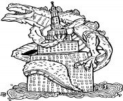 Printable Godzilla Went Up On A Building coloring pages