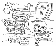 Printable Cemetery Halloween with monsters coloring pages