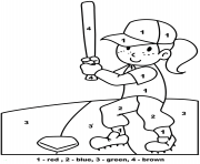 Printable girl baseball player color by number coloring pages