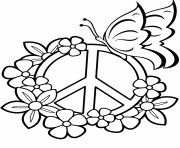 Printable flowers peace sign and butterfly coloring pages