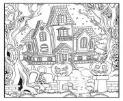 Printable halloween haunted house with pumpkins and scary stuffs coloring pages