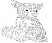 Printable lovely dog with heart for valentines day card anti stress coloring pages