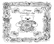 Printable illustration valentines a teddy bear with a heart in a frame from flowers coloring pages