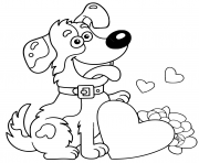 Printable cartoon dog with flowers and heart greeting card birthday valenti coloring pages
