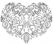 Printable decorative love heart with flowers valentines day card for adult and children coloring pages