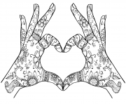 Printable hands showing love zentangle adult coloring pages
