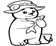 Printable cute baby bear with fish coloring pages