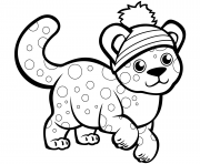 Printable cute cheetah in winter hat coloring pages